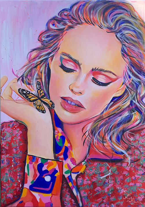acrylverf, olie krijt & zilverfolie 2D doek