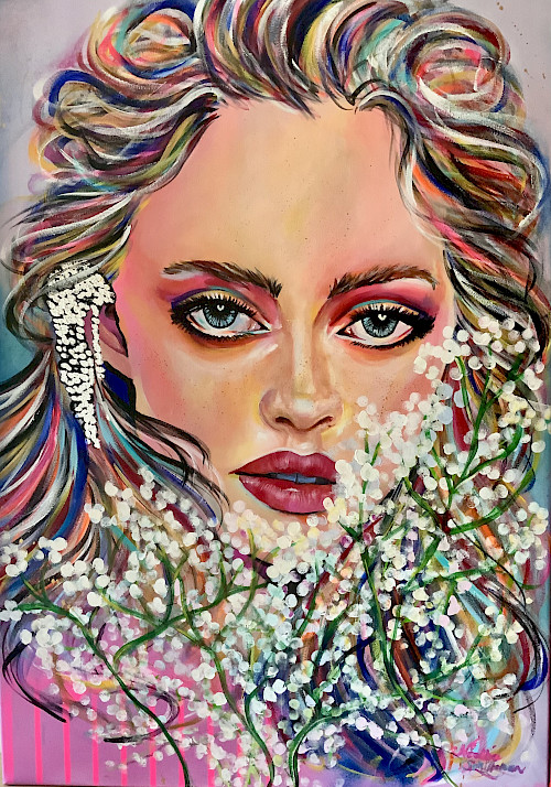 acrylverf, pastelkrijt, blad-zilver en acrylic inkt op canvas